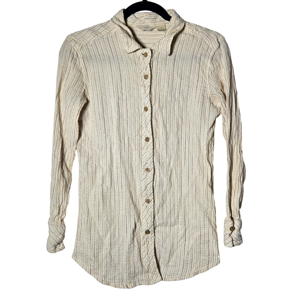 J Jill Womens Cream Striped Linen Blend Button Front Shirt Medium Coastal Earthy